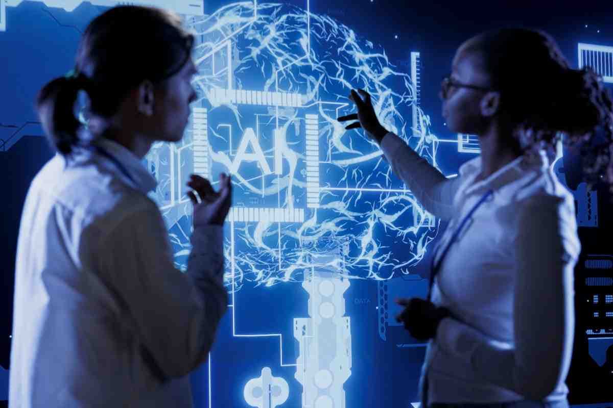 Healthcare professionals reviewing an AI interface on a digital display
