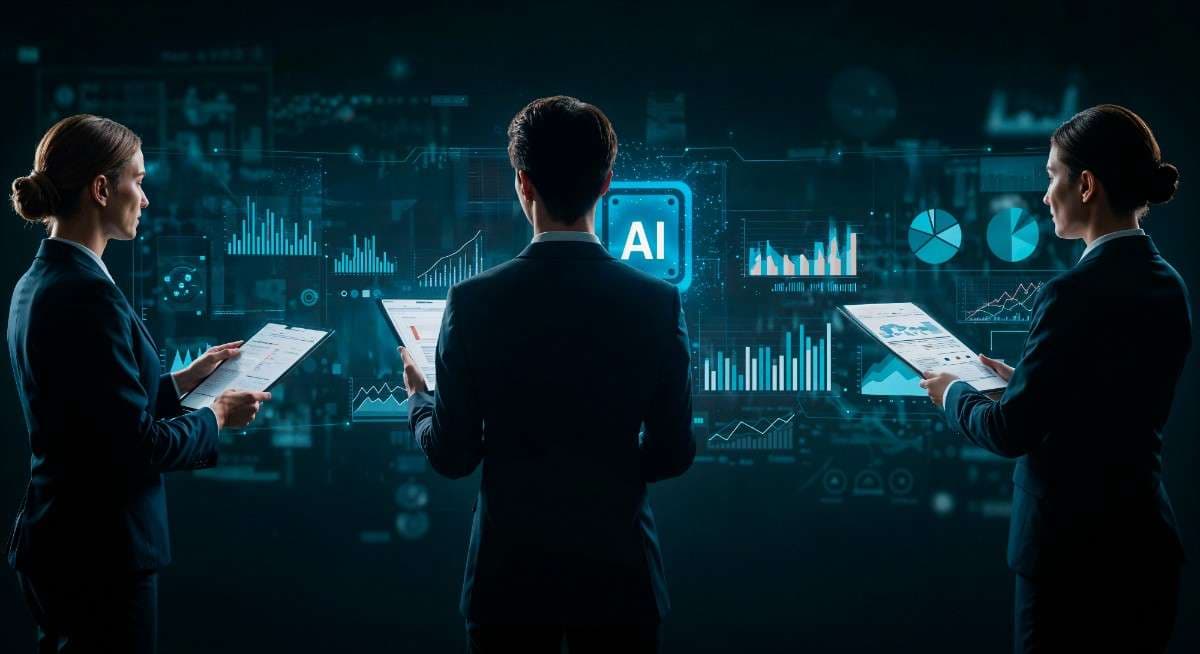 Team reviewing AI system dashboards on a large digital display