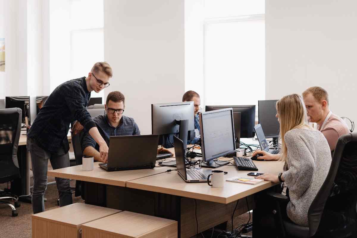 Software development team working together at their desks