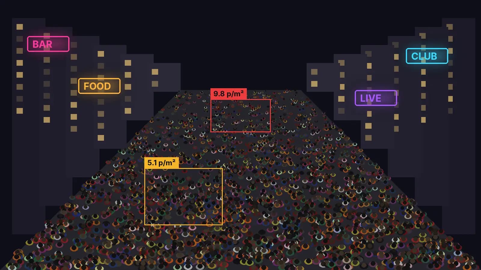 Dense night-time street crowd monitored with AI crowd management