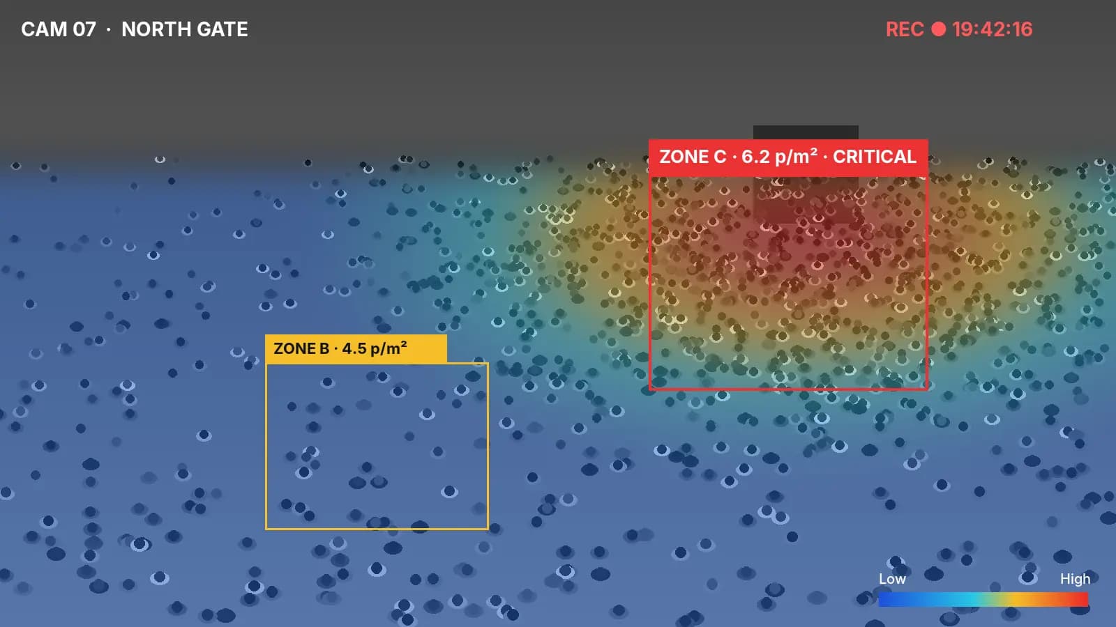 Crowd density heat map from CCTV analytics showing a high-risk zone